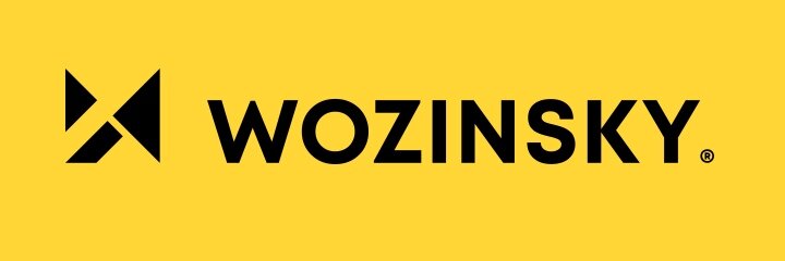 Logo Wozinsky na żółtym tle, z czarnym tekstem i symbolem graficznym po lewej stronie.