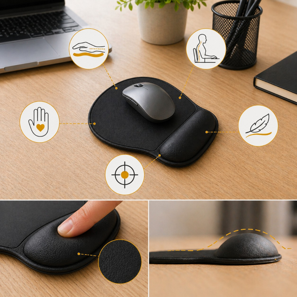 Na biurku znajduje się czarna podkładka pod mysz z ergonomicznym podparciem na nadgarstek, na której leży szara mysz. Obok podkładki widoczne są ikony przedstawiające dłoń, sylwetkę siedzącej osoby, piórko i celownik, a poniżej zbliżenie na teksturę i profil podkładki.