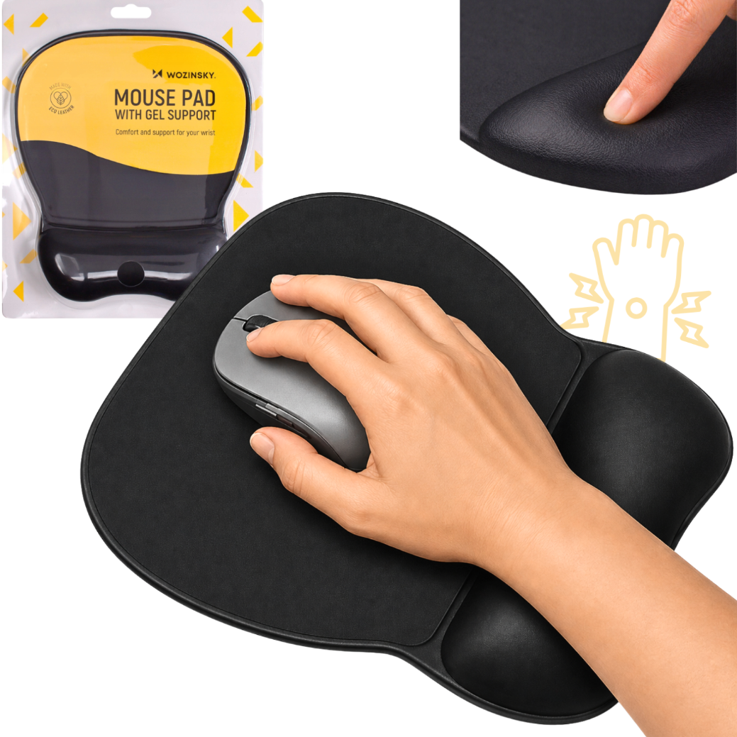 Na obrazie widoczna jest czarna podkładka pod mysz z ergonomicznym wsparciem dla nadgarstka, na której znajduje się ręka trzymająca mysz. W tle znajduje się opakowanie z napisem \'WOZINSKY MOUSE PAD WITH GEL SUPPORT\'.