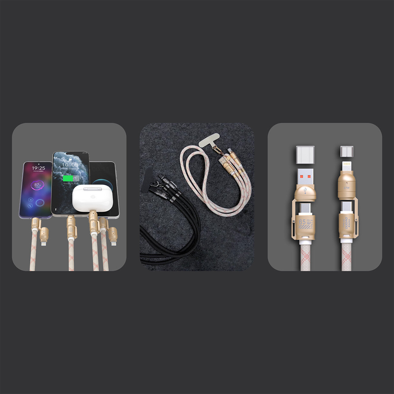 Obraz przedstawia trzy zdjęcia kabla 4W1 w kolorze różowym i czarnym, z różnymi końcówkami USB-A, USB-C i Lightning. Na jednym ze zdjęć widoczny jest napis \'65W\'.