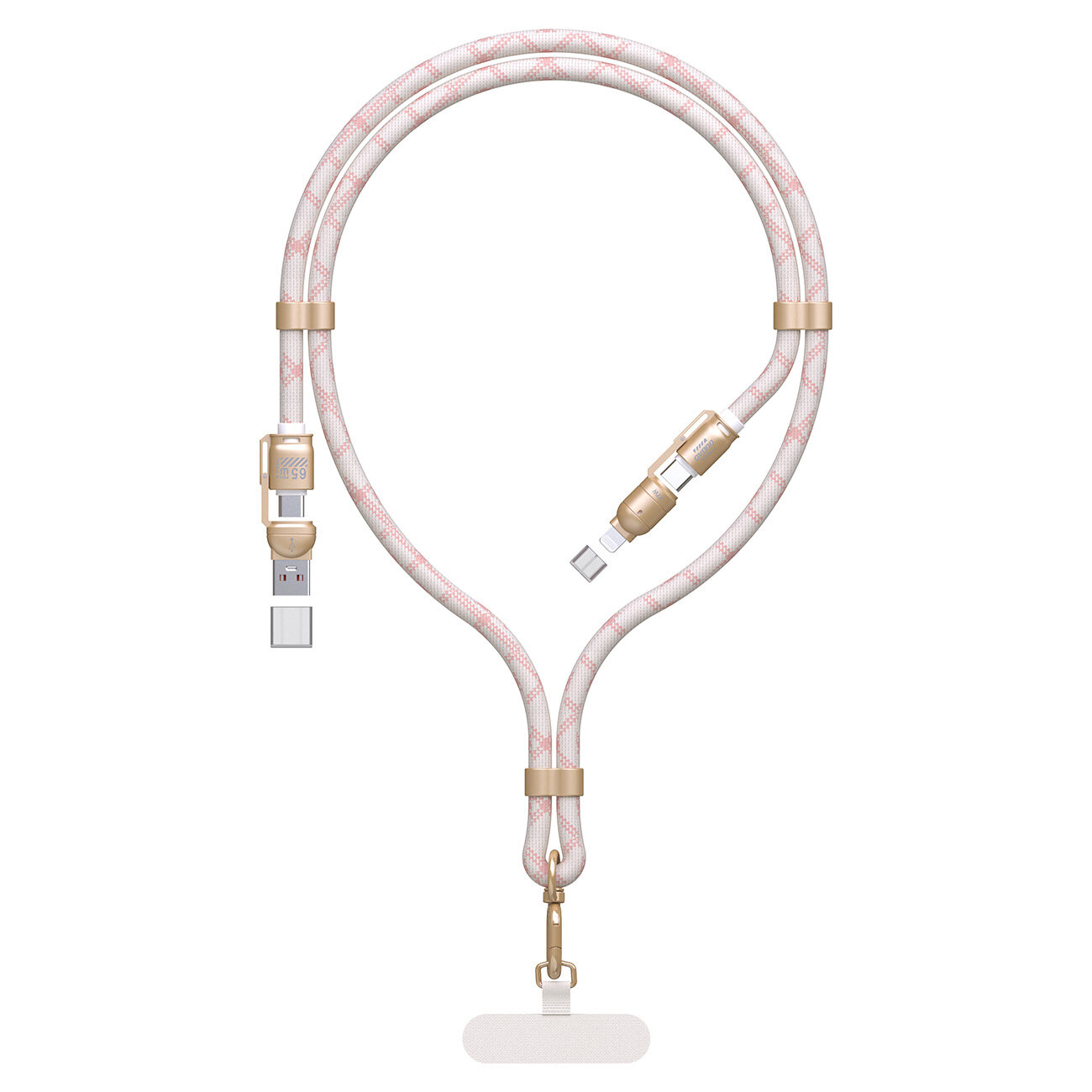 Różowy kabel z końcówkami USB-A, USB-C i Lightning, z ozdobnym wzorem i złotymi elementami. Kabel ma formę smyczy z metalowym zapięciem na końcu.