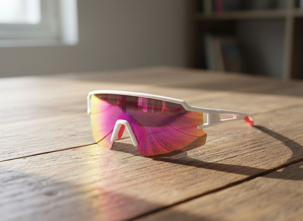 Okulary rowerowe ROCKBROS 8386824303681 Biały, TAC, odporność, wytrzymałość, jakość, Sportowe okulary leżące na drewnianym blacie