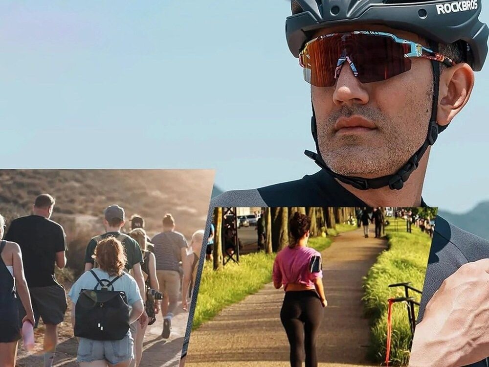 Okulary rowerowe ROCKBROS 8386824303728 Wielokolorowy, Okulary, rower, ochrona, komfort, Uśmiechnięta rowerzystka w kasku i kolorowych okularach