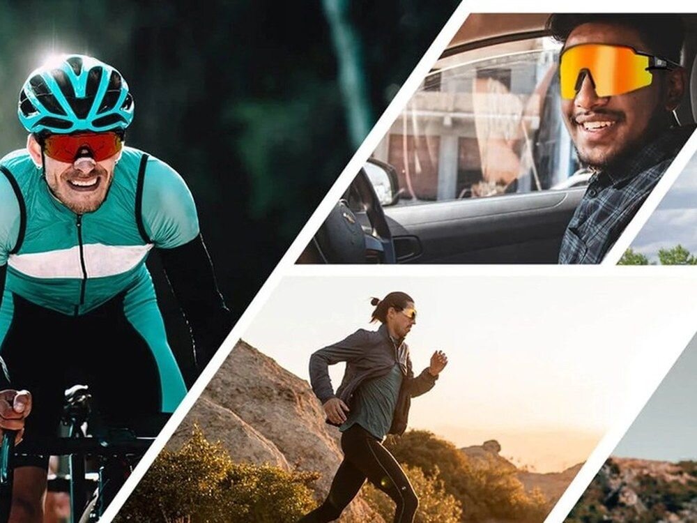 Okulary rowerowe ROCKBROS 8386824303742 Czarno-pomarańczowy, Okulary, rower, ochrona, komfort, Uśmiechnięta rowerzystka w kasku i kolorowych okularach
