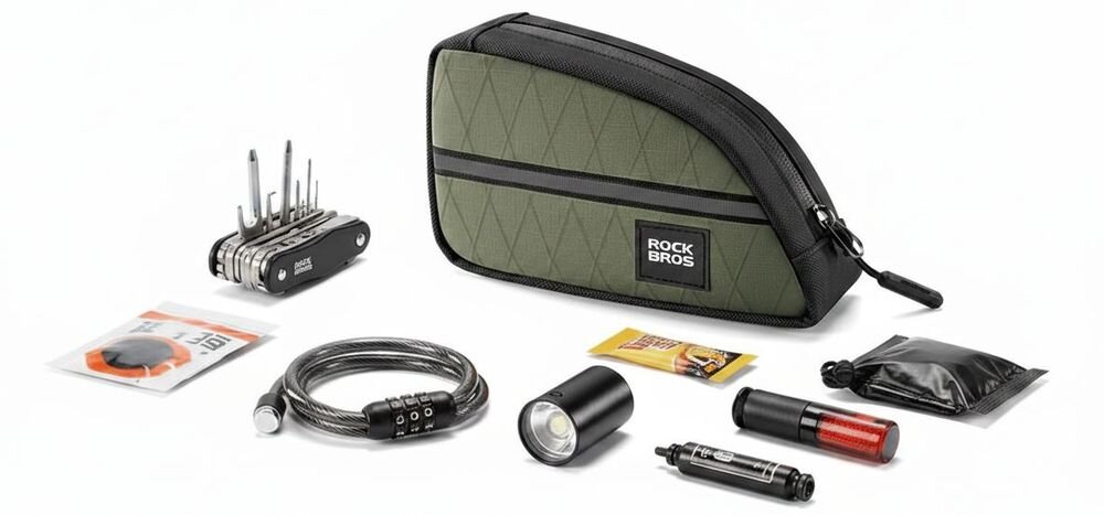 Torba rowerowa na ramę ROCKBROS 8386824308365 Zielony, 0,8 L, rozszerzalność, praktyczność, przestrzeń, torba z akcesoriami rozłożonymi wokół.