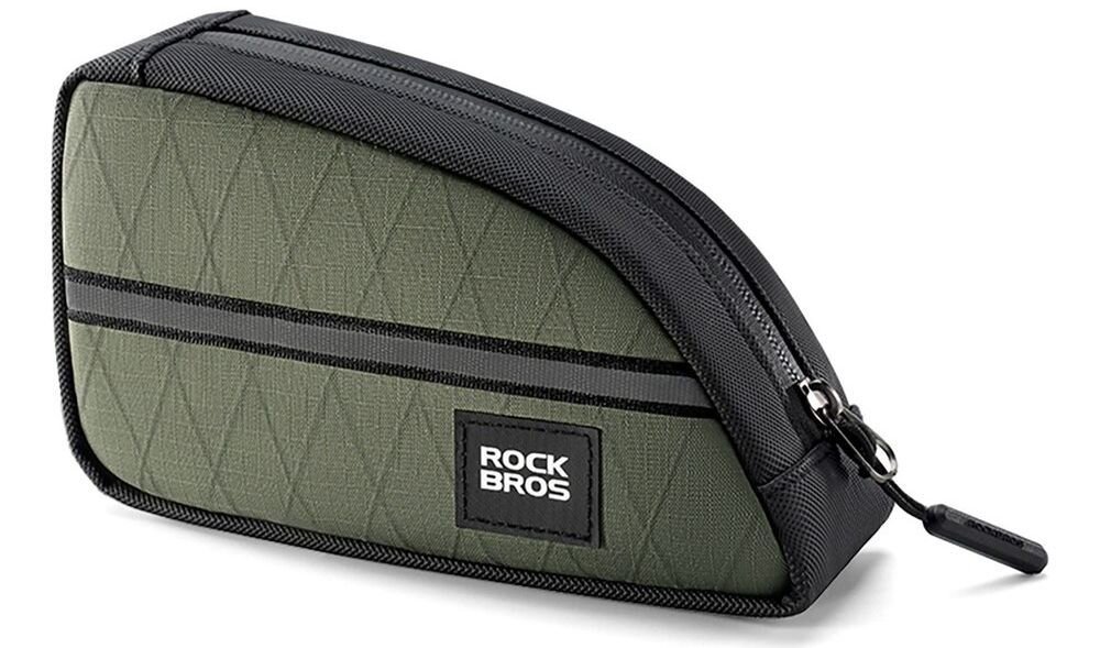 Torba rowerowa na ramę ROCKBROS 8386824308365 Zielony, Brąz, design, estetyka, detale, Studio ujęcie torby o opływowym kształcie.