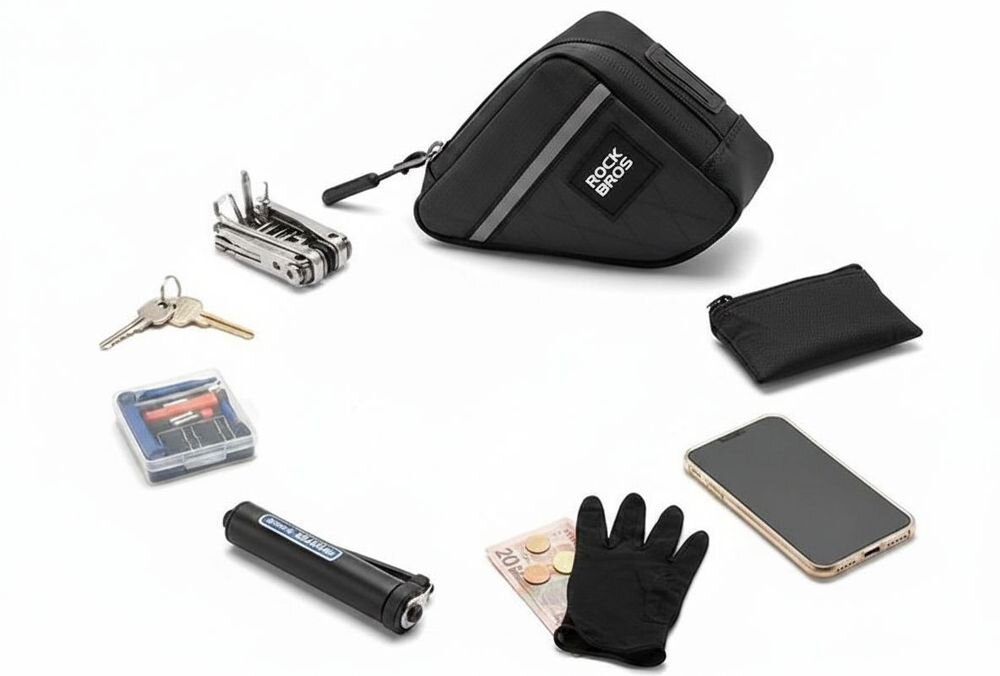 Torba rowerowa na ramę ROCKBROS 8386824308419 Czarny, 0,25 L, lekkość, ergonomia, funkcjonalność, torba z akcesoriami rowerowymi wokół niej.