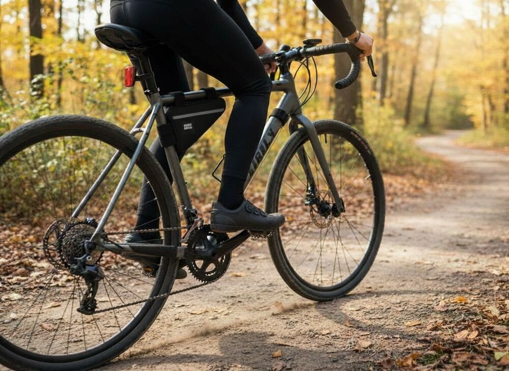 Torba rowerowa na ramę ROCKBROS 8386824308419 Czarny, Dopasowanie, ergonomia, wygoda, swoboda, Jazda rowerem przez las pełen jesiennych liści.