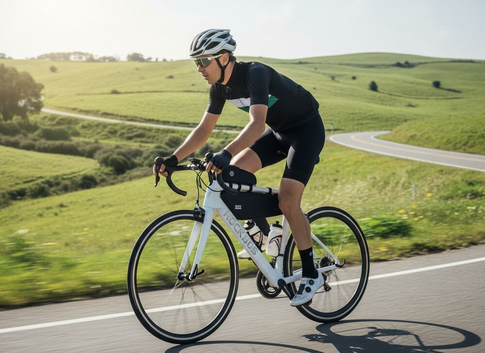 Torba rowerowa na ramę ROCKBROS 8386824308402 Czarny, Torba, rower, przechowywanie, funkcjonalność, Rowerzysta jadący szosą przez zielone wzgórza.