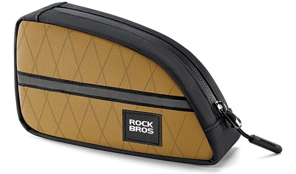 Brązowa torba rowerowa z czarnymi elementami i zamkiem błyskawicznym. Na torbie widoczne jest logo \'ROCKBROS\'.
