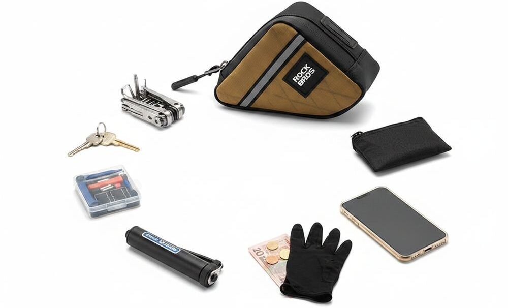 Torba rowerowa na ramę ROCKBROS 8386824308433 Brązowy, 0,25 L, lekkość, ergonomia, funkcjonalność, torba z akcesoriami rowerowymi wokół niej.