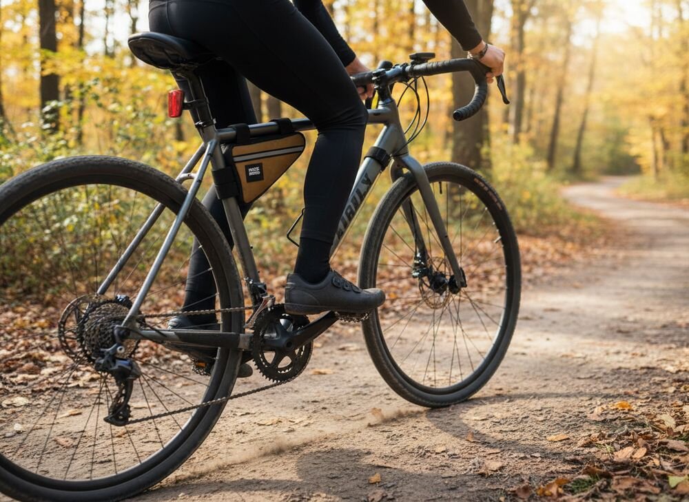 Torba rowerowa na ramę ROCKBROS 8386824308433 Brązowy, Dopasowanie, ergonomia, wygoda, swoboda, Jazda rowerem przez las pełen jesiennych liści.