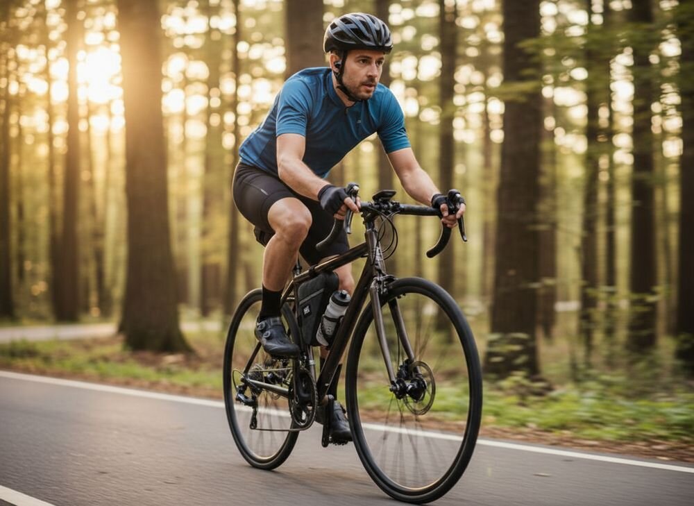 Osoba na rowerze jedzie po asfaltowej drodze w lesie, ubrana w niebieską koszulkę i kask. Na ramie roweru zamocowana jest czarna torba.