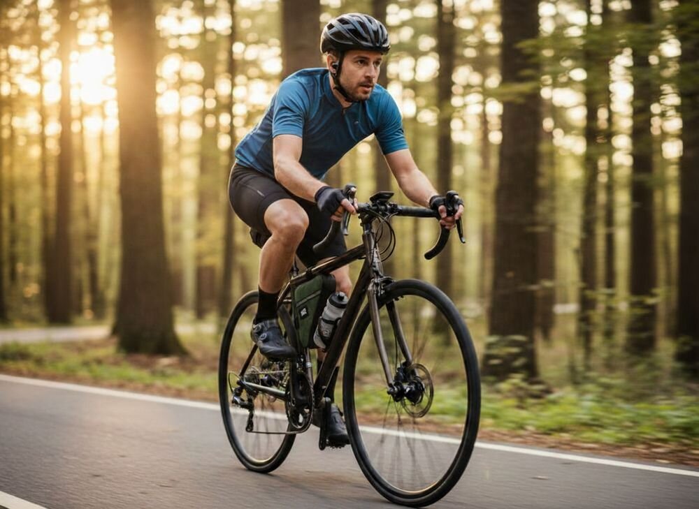 Torba rowerowa na ramę ROCKBROS 8386824308495 Zielony, Torba, rower, przechowywanie, wygoda, Rowerzysta jadący przez las o zachodzie słońca.