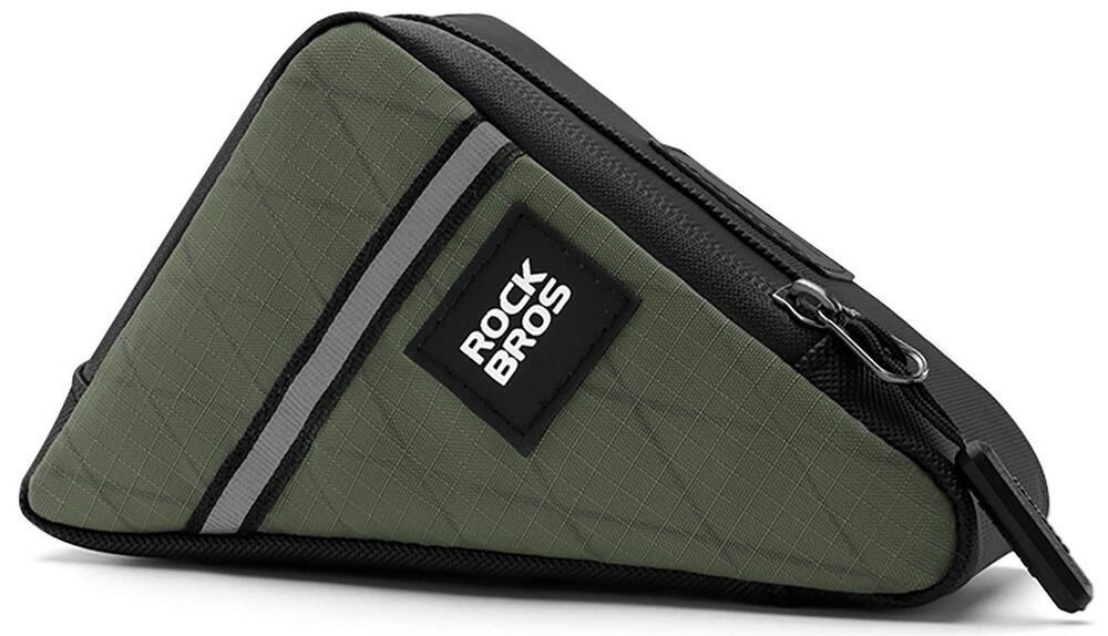 Torba rowerowa na ramę ROCKBROS 8386824308495 Zielony, 0,3 L, lekkość, ergonomia, funkcjonalność, Zbliżenie na brązową torbę o trójkątnym kształcie.