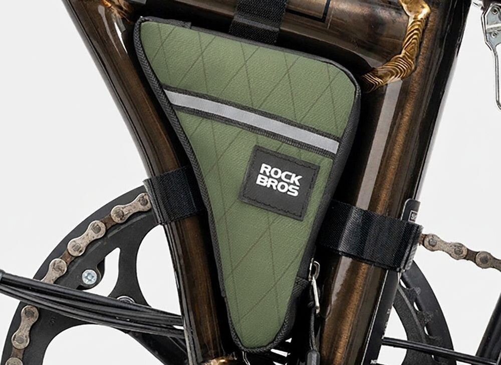 Torba rowerowa na ramę ROCKBROS 8386824308495 Zielony, Nylon, 1000D, ripstop, trwałość, Torba rowerowa zamocowana w rogu ramy roweru.