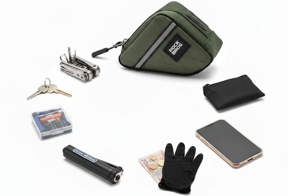 Torba rowerowa na ramę ROCKBROS 8386824308457 Zielony, 0,25 L, lekkość, ergonomia, funkcjonalność, torba z akcesoriami rowerowymi wokół niej.