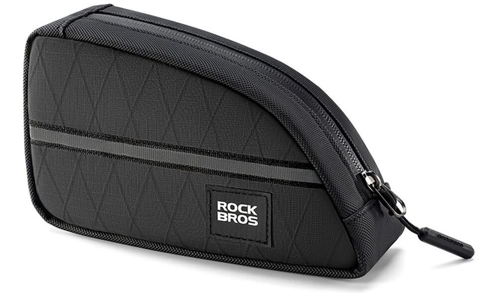 Czarna torba rowerowa z zamkiem błyskawicznym, posiadająca wzór w romby i logo \'ROCK BROS\'.