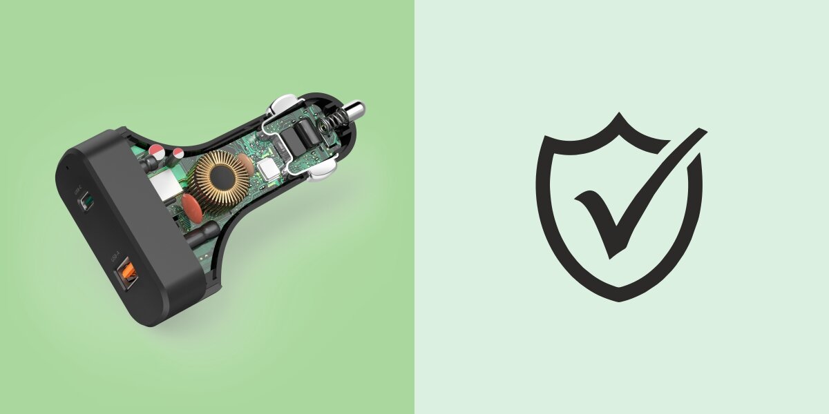 Ładowarka samochodowa HAMA USB-C do laptopa 65W Dwa panele na zielonym tle. Po lewej przekrój techniczny ładowarki samochodowej Hama pokazujący wewnętrzne układy elektroniczne i miedzianą cewkę. Po prawej ikona tarczy z „fajką”, symbolizująca certyfikowane bezpieczeństwo i ochronę urządzenia.