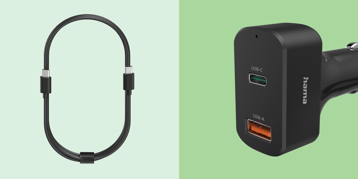 Ładowarka samochodowa HAMA USB-C do laptopa 65W Porównanie akcesoriów na zielonym tle. Po lewej czarny kabel USB-C zwinięty w pętlę z opaską na rzep. Po prawej zbliżenie na przedni panel czarnej ładowarki Hama z wyraźnym oznaczeniem portów USB-C oraz USB-A.