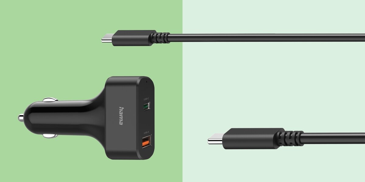 Ładowarka samochodowa HAMA USB-C do laptopa 65W Elementy zestawu na dwukolorowym zielonym tle. Po lewej czarna ładowarka samochodowa Hama widoczna z profilu, po prawej dwa ujęcia końcówek czarnego kabla USB-C, prezentujące solidne wykonanie wtyków.