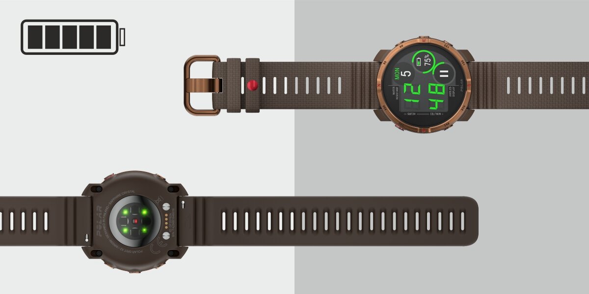 POLAR Grit X2 do 7 dni pracy na jednym ładowaniu całodobowym monitorowaniu tętna Tryby oszczędzania energii - zegarek od góry i dołu na jasnym tle