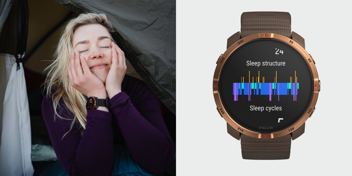 POLAR Grit X2 Nightly Recharge i SleepWise stopień regeneracji organizmu jakość snu Sleep Plus Stages monitorowanie temperatury skóry nocą - zegarek na jasnym tle i na ręku kobiety