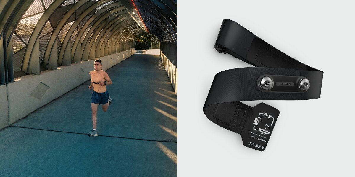 GARMIN HRM 600 pomiar dynamiki biegu czasu kontaktu z podłożem, odchylenia pionowego i balansu ruchu zegarkiem - czujnik na białym tle, męzczyzna biegający