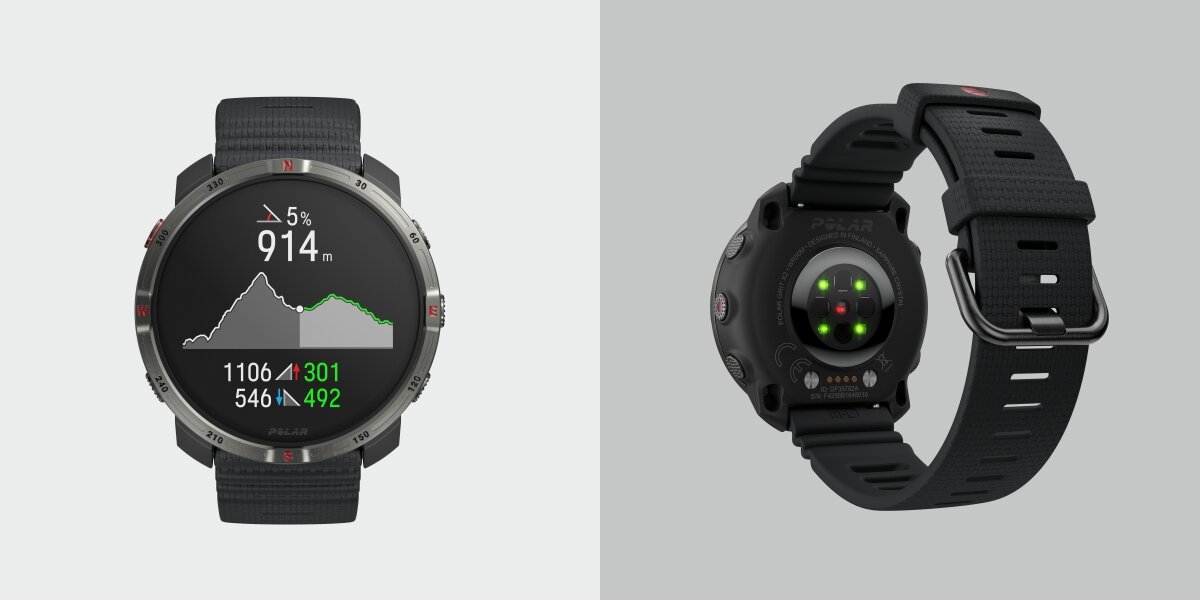 POLAR Grit X2 Technologia Elixir cztery precyzyjne biosensory naukowo potwierdzonych danych o śnie, regeneracji i aktywności fizycznej wskaźniki sportowe, jak i dobre samopoczucie - zegarek na jasnym tle