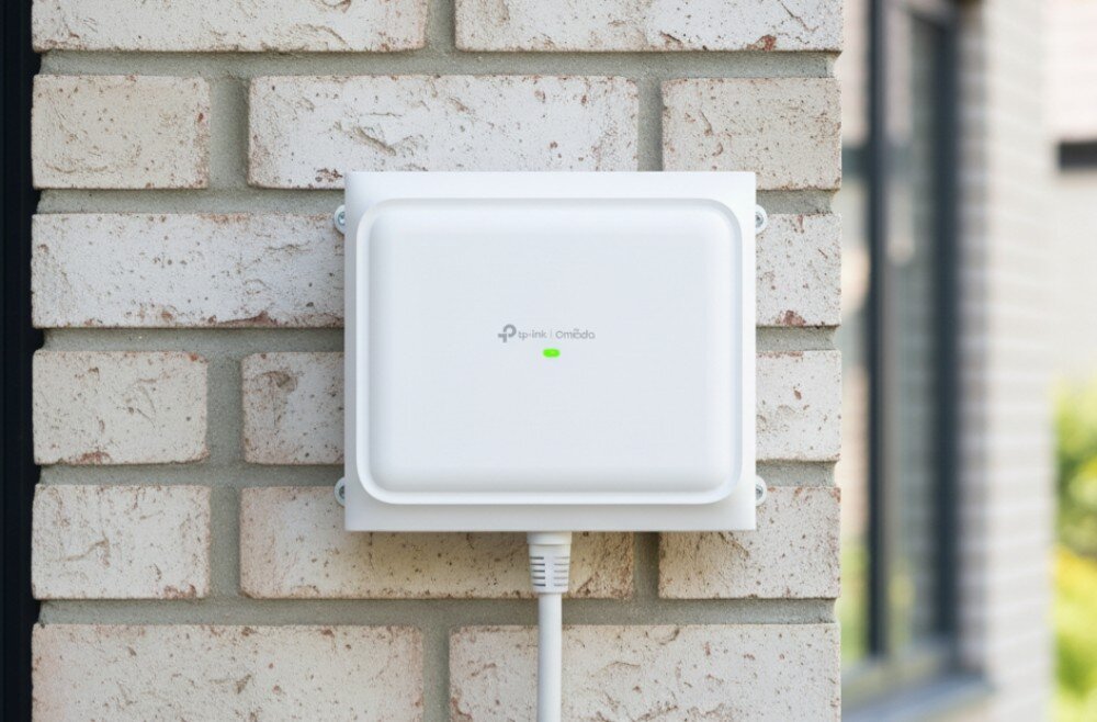 Na ścianie z cegieł zamontowane jest białe urządzenie z logo TP-Link Omada i zieloną diodą. Z urządzenia wychodzi biały kabel.