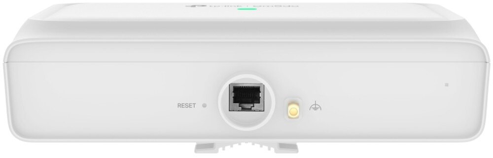 Biały punkt dostępu z widocznym portem Ethernet, przyciskiem \'RESET\' i dwoma diodami sygnalizacyjnymi.