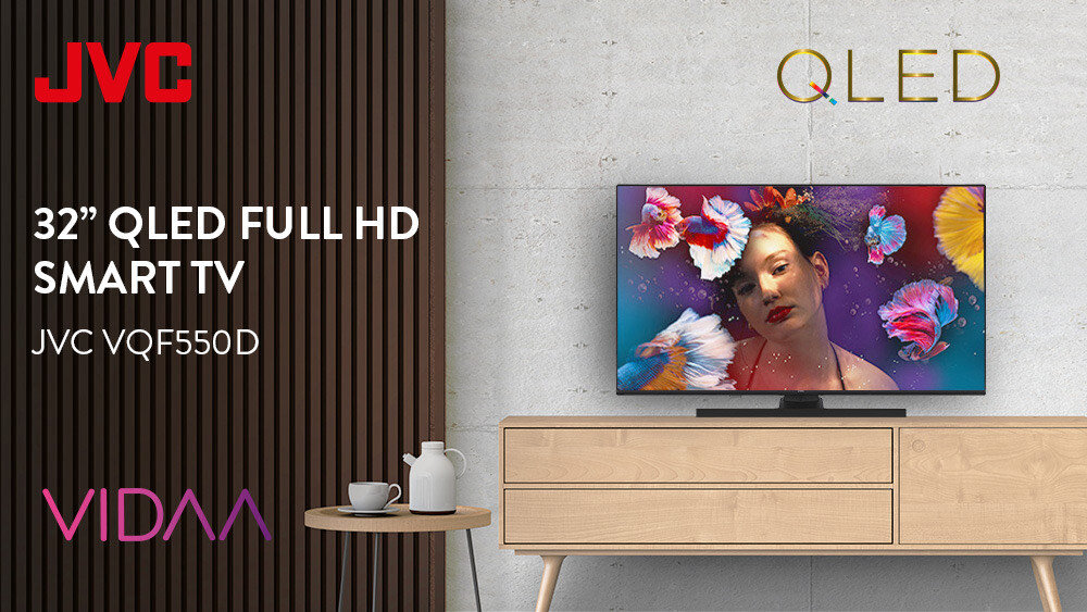 Telewizor JVC LT-32VQF550D - Telewizor QLED z multimediami, telewizor stojący na komodzie