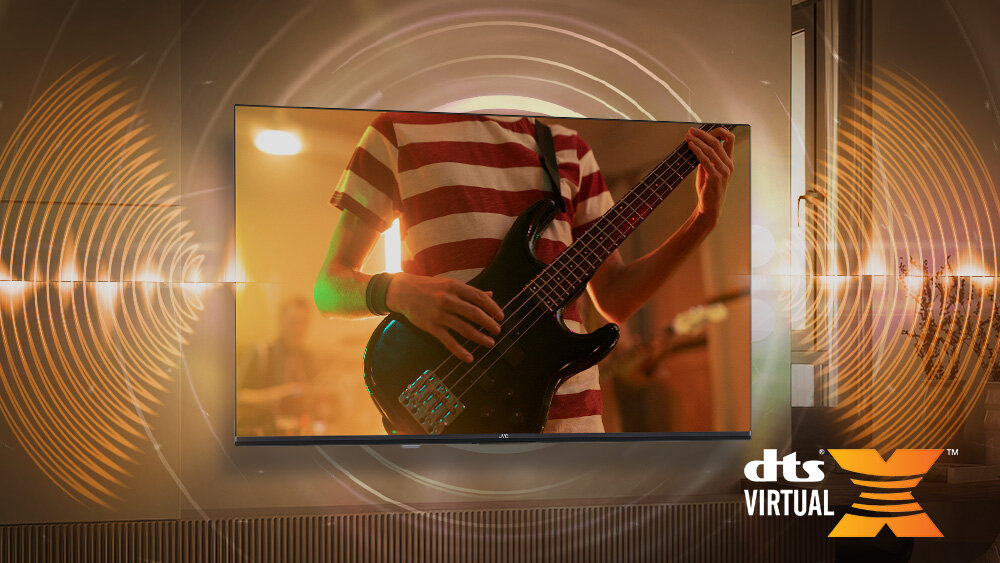 Telewizor JVC LT-32VQF550D - Przestrzenne brzmienie, Telewizor zamocowany na ścianie, dźwięk wydobywający się z głośników telewizora, DTS Virtual X, DTS X, głośniki 2 x 6 W, 