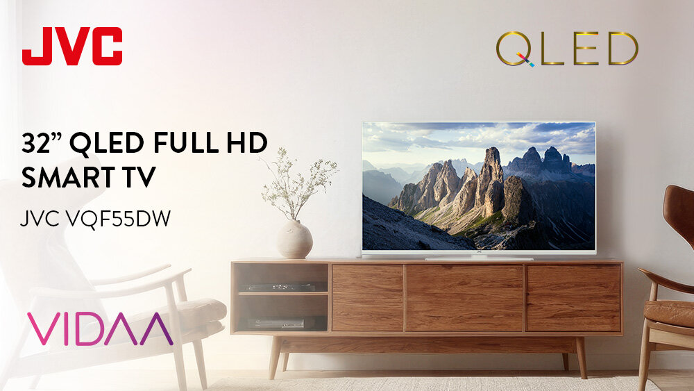 Telewizor JVC LT-32VQF55DW - Elegancki biały QLED TV, telewizor stojący na komodzie