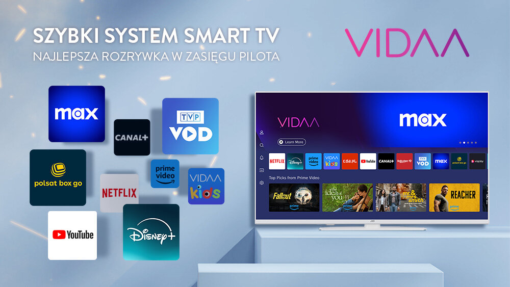 Telewizor JVC LT-32VQF55DW - Intuicyjny system VIDAA, telewizor stojący na komodzie z wyświetloną platformoą smart TV, VIDAA Smart TV
