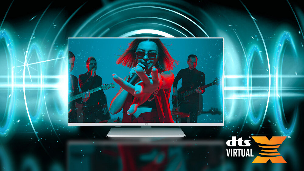 Telewizor JVC LT-32VQF55DW - Przestrzenne brzmienie, Telewizor zamocowany na ścianie, dźwięk wydobywający się z głośników telewizora, DTS Virtual X, DTS X, głośniki 2 x 6 W