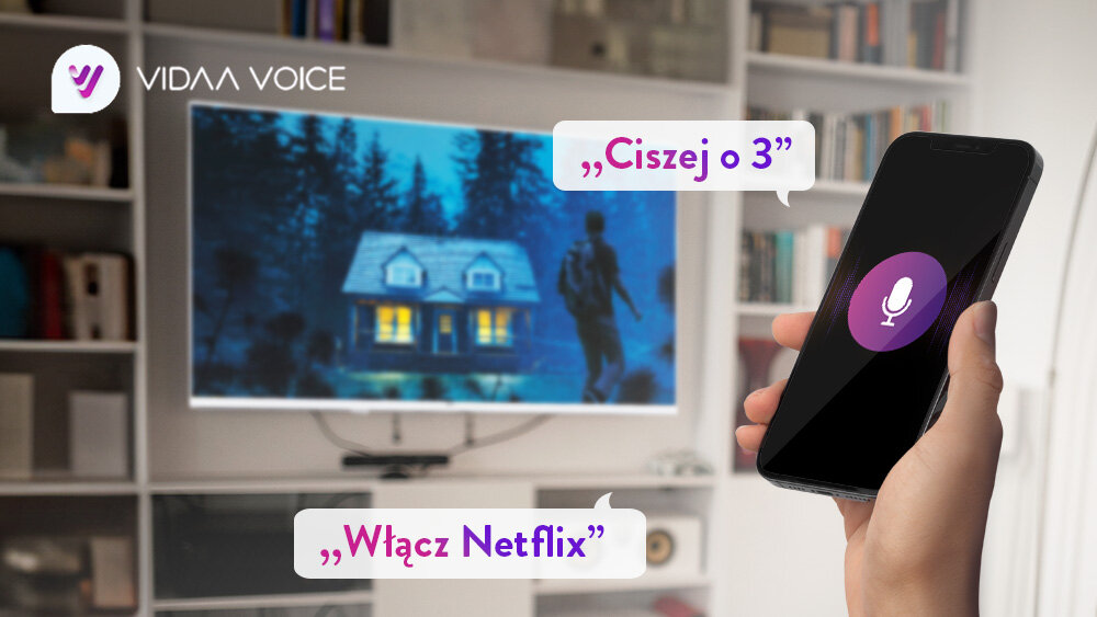 Telewizor JVC LT-32VDF540W - Sterowanie głosowe, smartfon w ręku, telewizor powieszony na ścianie, VIDAA, 