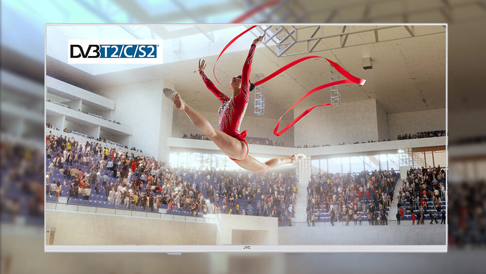 Telewizor JVC LT-32VDF540W - Potrójny tuner DVB-T2/C/S2, zarys telewizora, kobieta wykonująca figury w gimnastyce artystycznej, HEVC