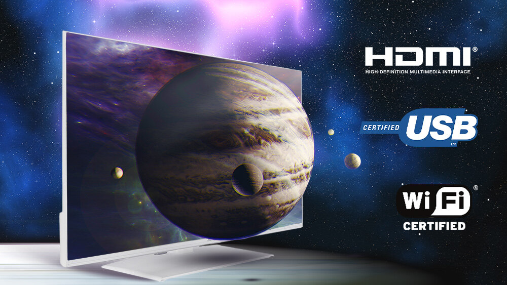 Telewizor JVC LT-32VDF540W - Kompletny zestaw złączy, telewizor stojący na podeście, w tle kosmos, port USB-A, Dwa porty HDMI, Wi-Fi, 