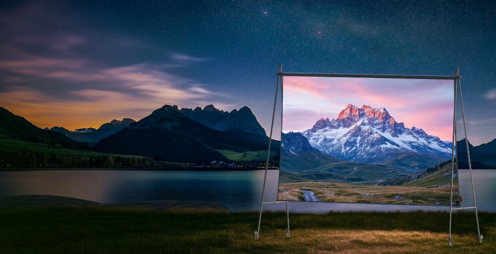 Ekran XGIMI Portable Outdoor Screen 70 cali do projekcji na zewnątrz, ekran projekcyjny rozstawiony w plenerze nad wodą