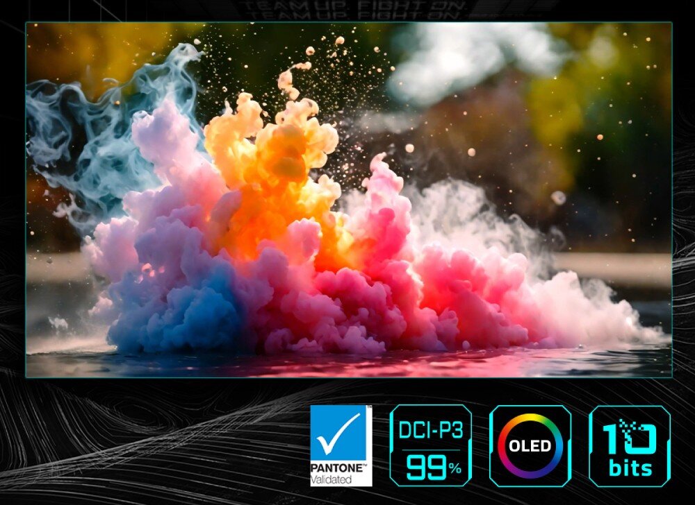 Monitor GIGABYTE MO27U2 Kolorowa eksplozja dymu przedstawiająca gamę kolorów z ikonami certyfikatu Pantone, pokrycia DCI-P3 99%, technologii OLED i głębi kolorów 10 bitów, matryca, przekątna, rozdzielczość