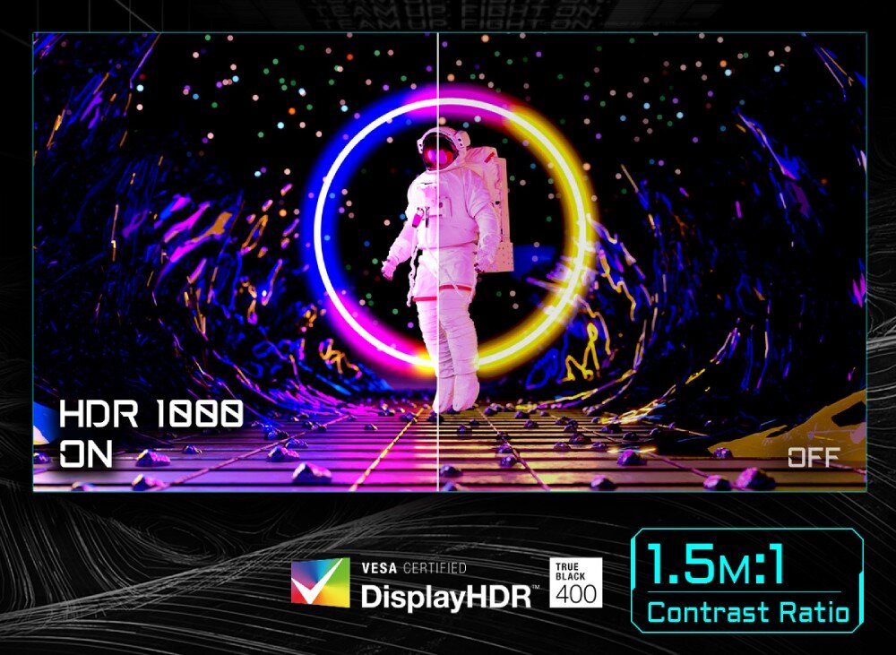 Monitor GIGABYTE MO27U2 Astronauta w różowym skafandrze otoczony świetlnym pierścieniem z porównaniem włączonego i wyłączonego trybu HDR 1000 oraz ikonami certyfikatu DisplayHDR True Black 400 i współczynnika kontrastu 1,5M:1, kolory, HDR, jasność, kontrast