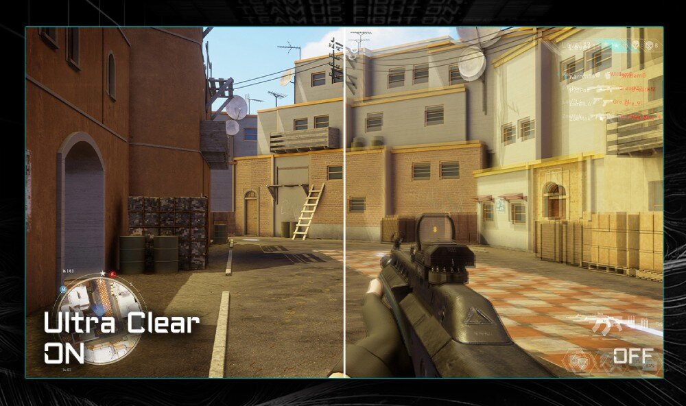 Monitor GIGABYTE MO27U2 Porównanie obrazu w grze FPS z włączoną i wyłączoną technologią Ultra Clear, pokazujące różnicę w ostrości i wyrazistości sceny miejskiej, widoczność, widoczność