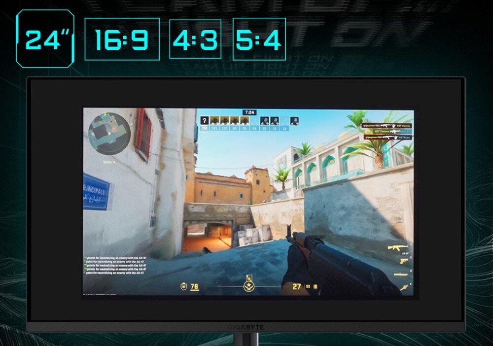 Monitor GIGABYTE MO27U2 Wizualizacja czterech dostępnych trybów wyświetlania: 24 cale w proporcjach 16:9, 4:3 i 5:4, z podświetloną opcją 24 cali, funkcje dla graczy, przełączanie rozmiaru
