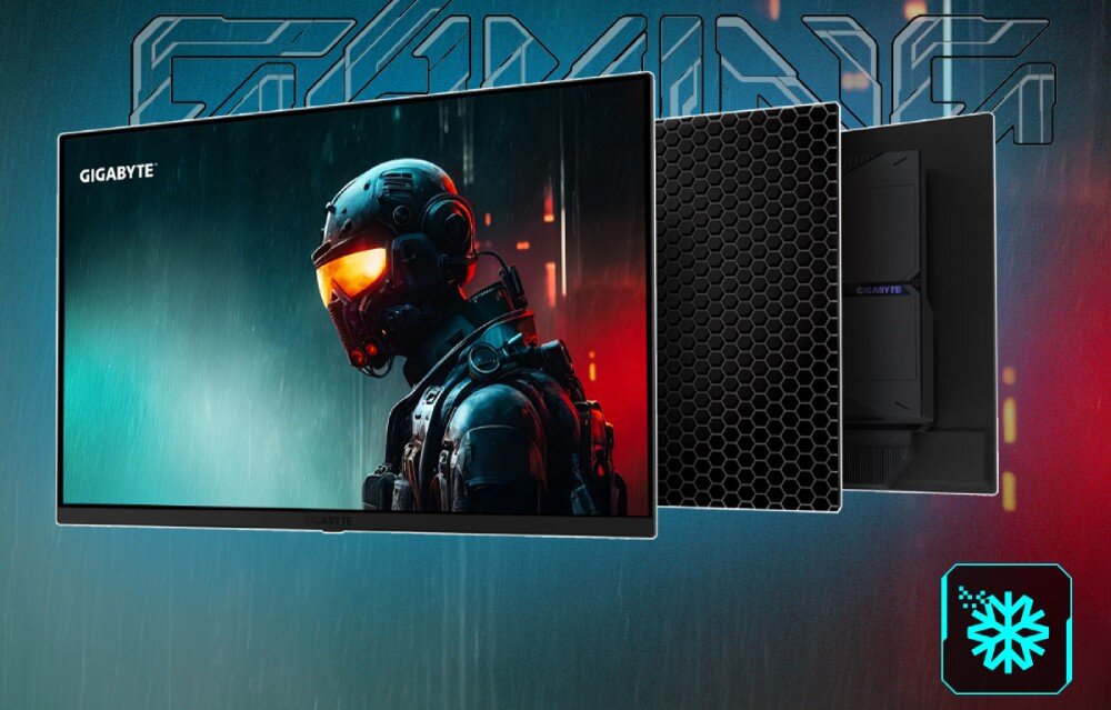 Monitor GIGABYTE MO27U2 Monitor z widocznym tylnym panelem wyposażonym w perforowaną płytę chłodzącą w kształcie plastra miodu oraz symbolem płatka śniegu oznaczającym system odprowadzania ciepła, system chłodzenia, ochrona przed wypaleniem