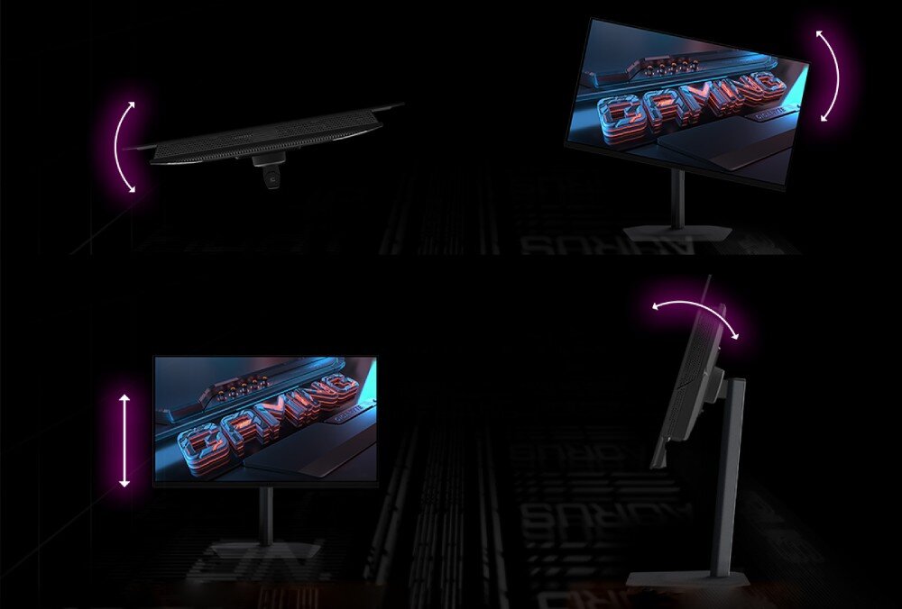 Monitor GIGABYTE MO27U2 Monitor gamingowy na regulowanej podstawie z różnymi zakresami regulacji oznaczonymi fioletowymi strzałkami pokazującymi możliwość obrotu, pochylenia i zmiany wysokości, regulacja, ergonomia, głośniki
