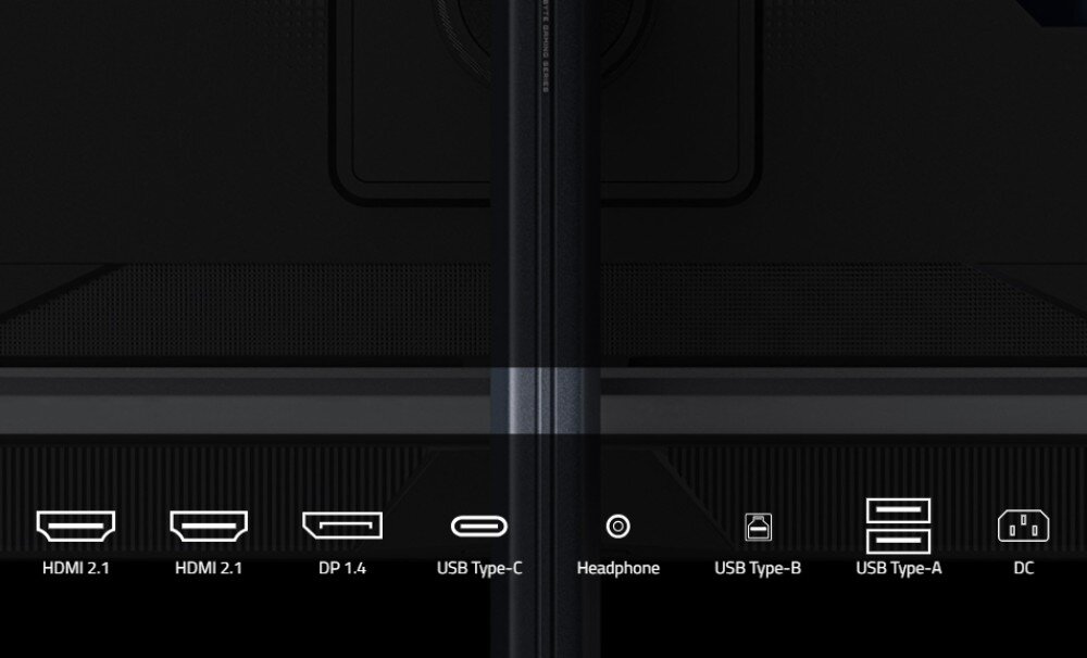 Monitor GIGABYTE MO27U2 Tylny panel monitora z oznaczonymi złączami: dwa HDMI 2.1, DisplayPort 1.4, USB Type-C, wyjście słuchawkowe, USB Type-B, USB Type-A oraz gniazdo zasilania, porty