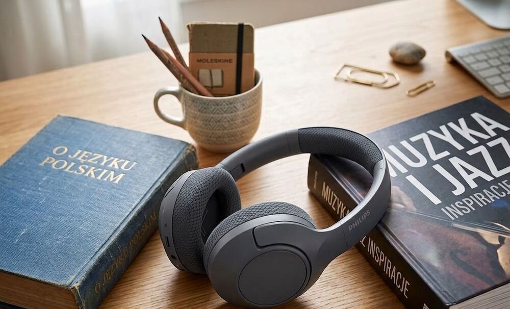 Na drewnianym biurku leżą czarne słuchawki nauszne z logo PHILIPS, obok książek \'O języku polskim\' i \'Muzyka i jazz inspiracje\'. W tle znajduje się kubek z ołówkami i notesem z napisem \'MOLESKINE\'.