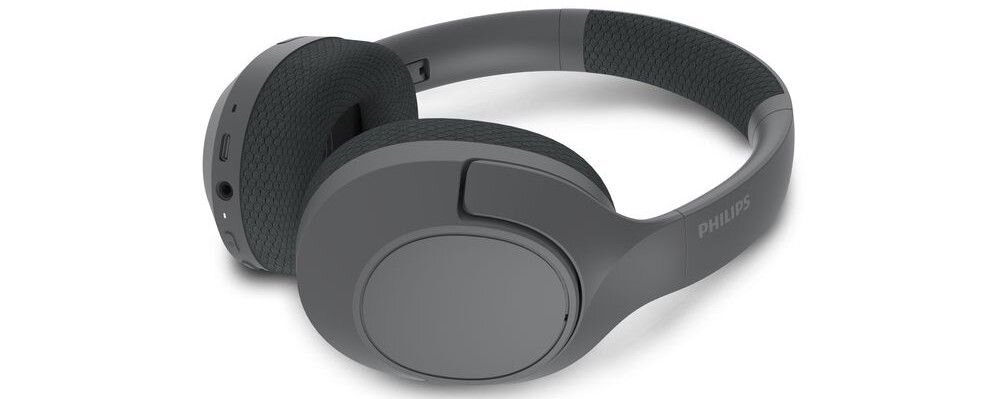 Czarne słuchawki nauszne z widocznym logo PHILIPS na pałąku. Na jednej z muszli znajdują się przyciski sterujące.