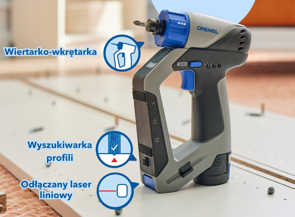 Wiertarko-wkrętarka DREMEL Blueprint DD12V-S1 Dremel Blueprint 12V wiertarko-wkrętarka akumulatorowa 3-w-1 silnik bezszczotkowy detektor profili laser liniowy